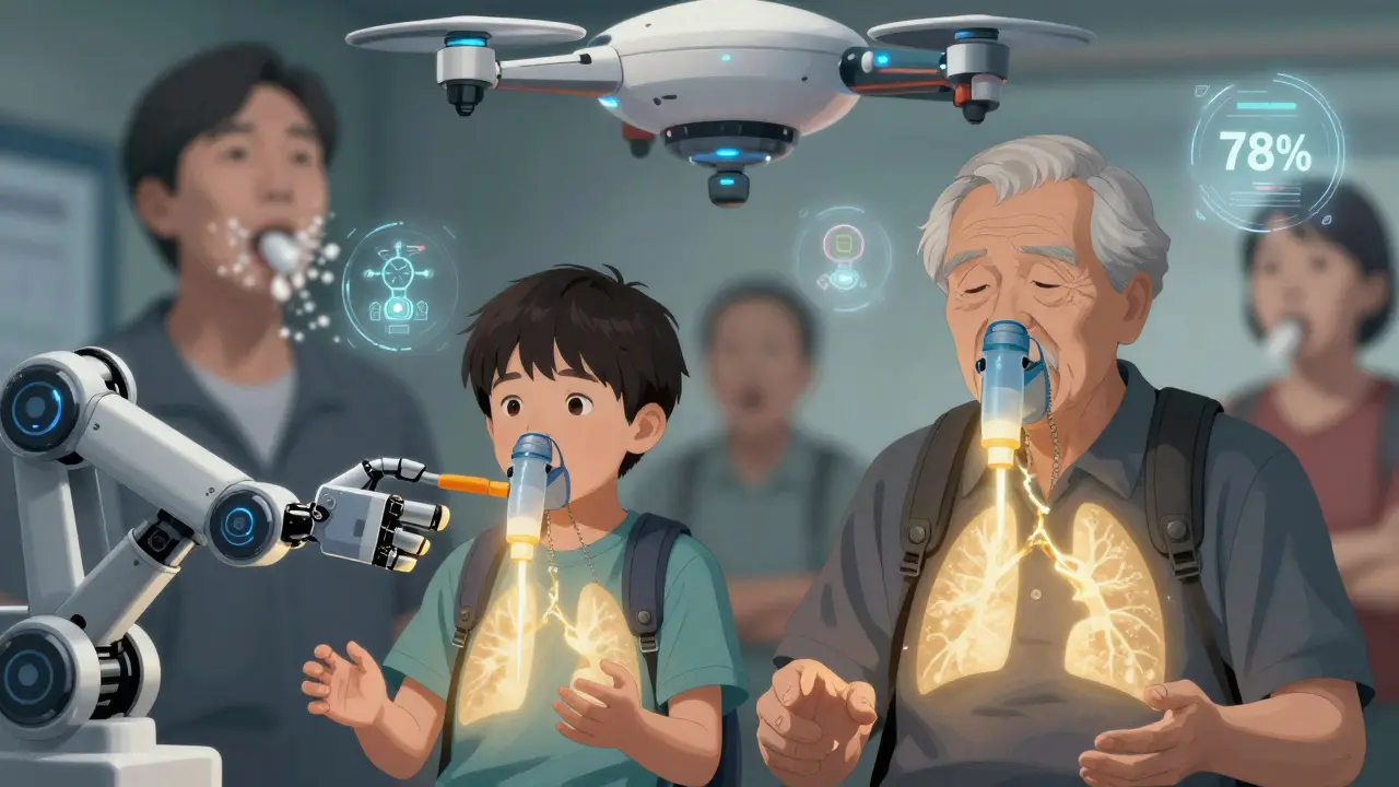 Child and elderly person using spacers to deliver inhaler medicine efficiently to lungs.