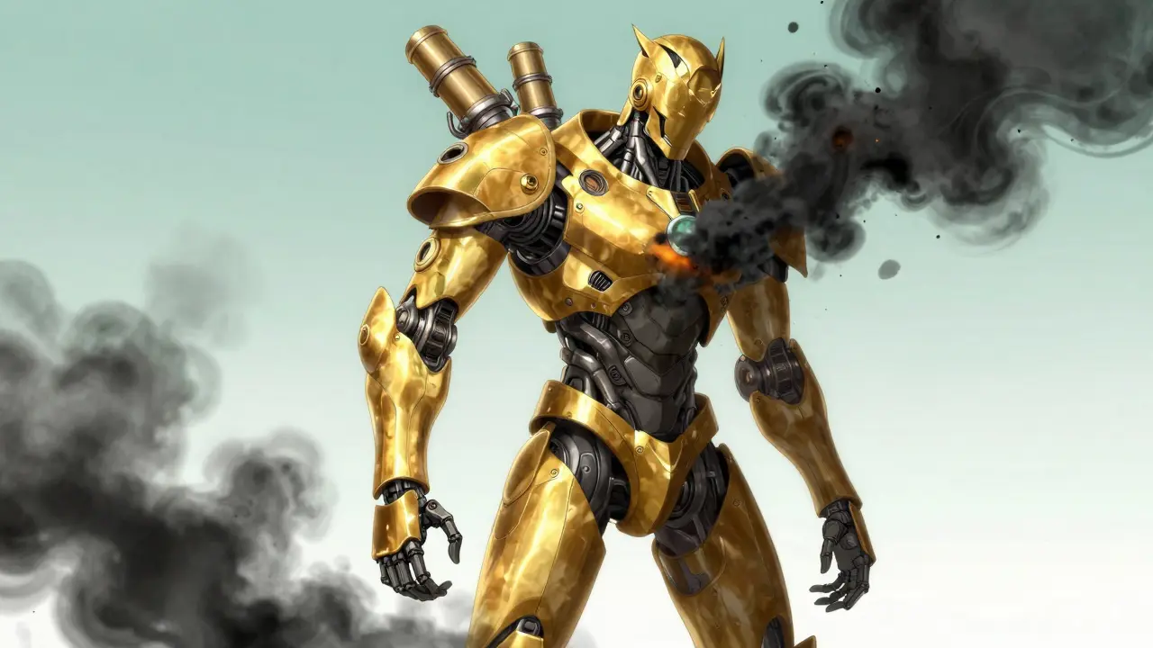 Circuit-patterned human figure shielded by glowing protective mechanical armor.