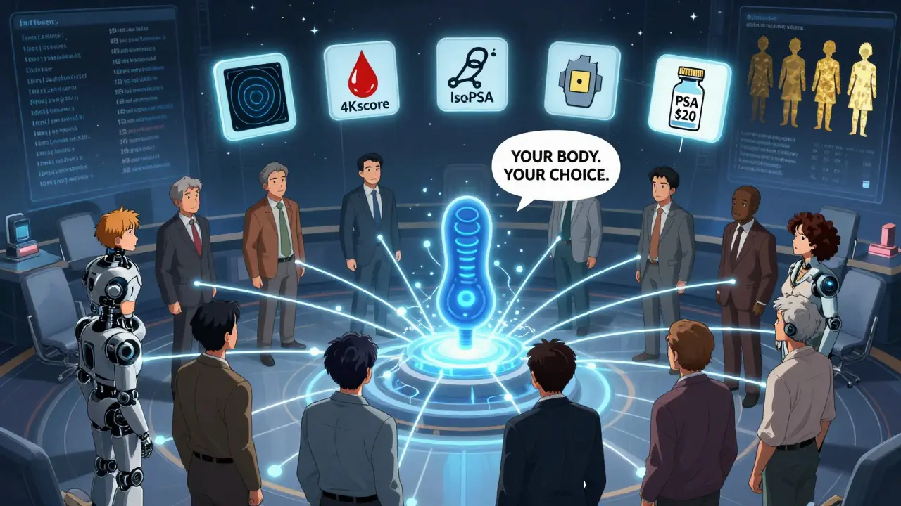 Diverse men connected to an AI core that presents PSA screening options with advanced diagnostic tools.