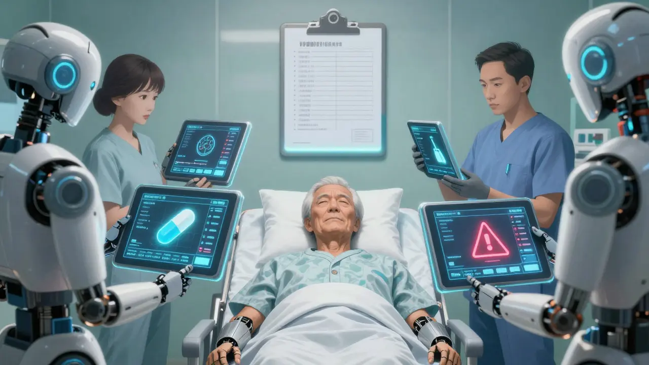 In an ER, medical staff view synchronized digital medication data while a paper list is pinned to a clipboard beside a patient.