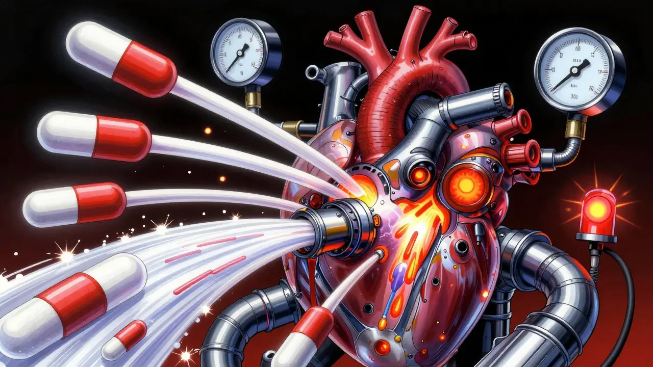 Mechanical heart engine overheating from excess medicine fuel flow