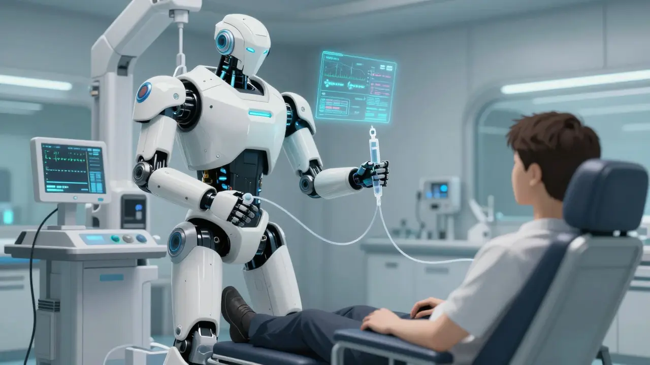 Medical robot administering intravenous treatment in a high-tech facility.