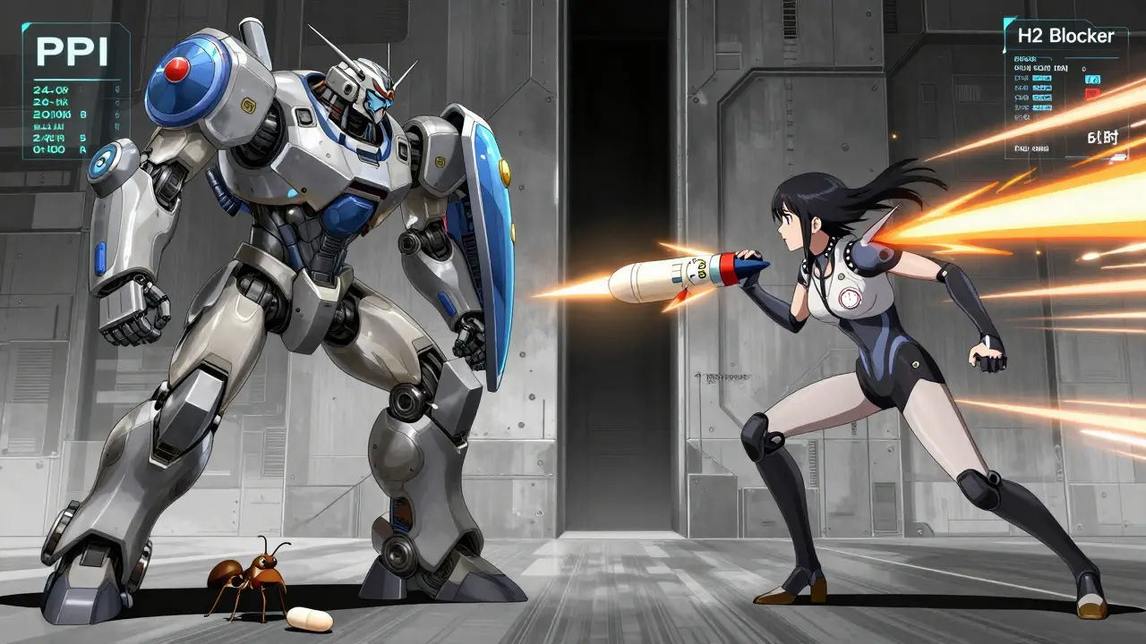 Patient caught between PPI and H2 blocker figures, with antifungal missile launching through a timed pH window.