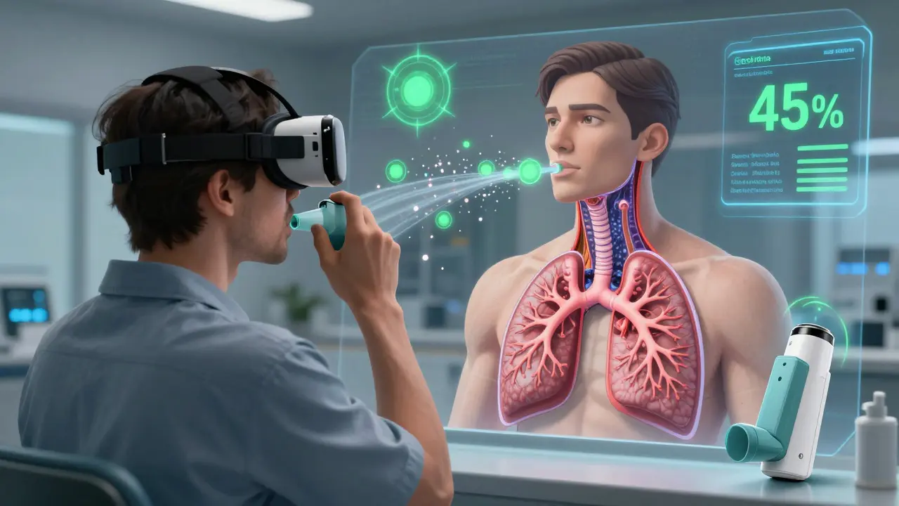 Patient in VR training simulation, visualizing medicine traveling through airways with feedback orbs.