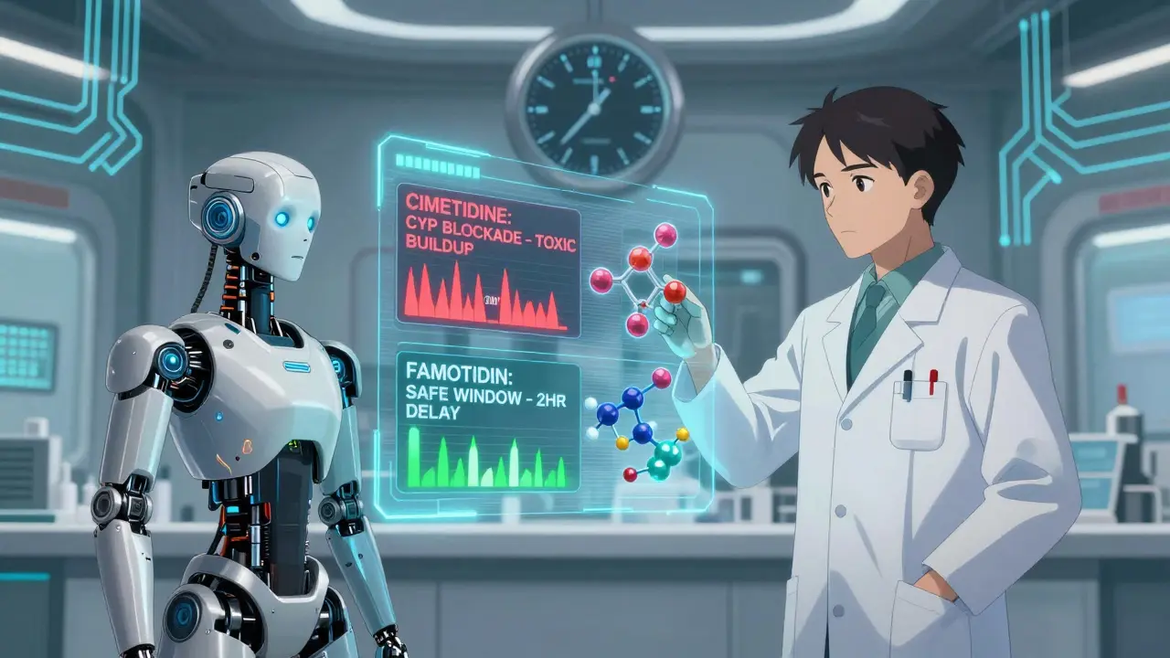 Robotic pharmacists analyzing holographic drug interaction alerts with glowing molecular models.