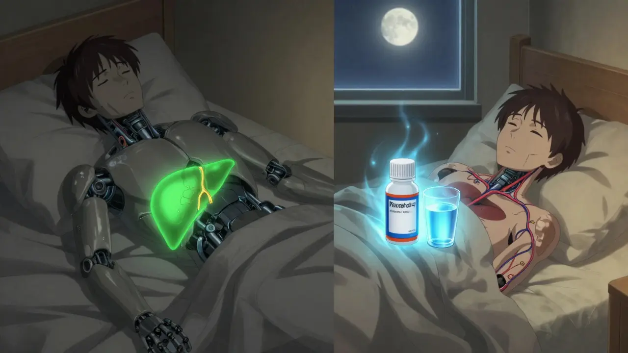 Split scene: one side shows liver damage from overdosing, the other shows healing with a single safe medication.