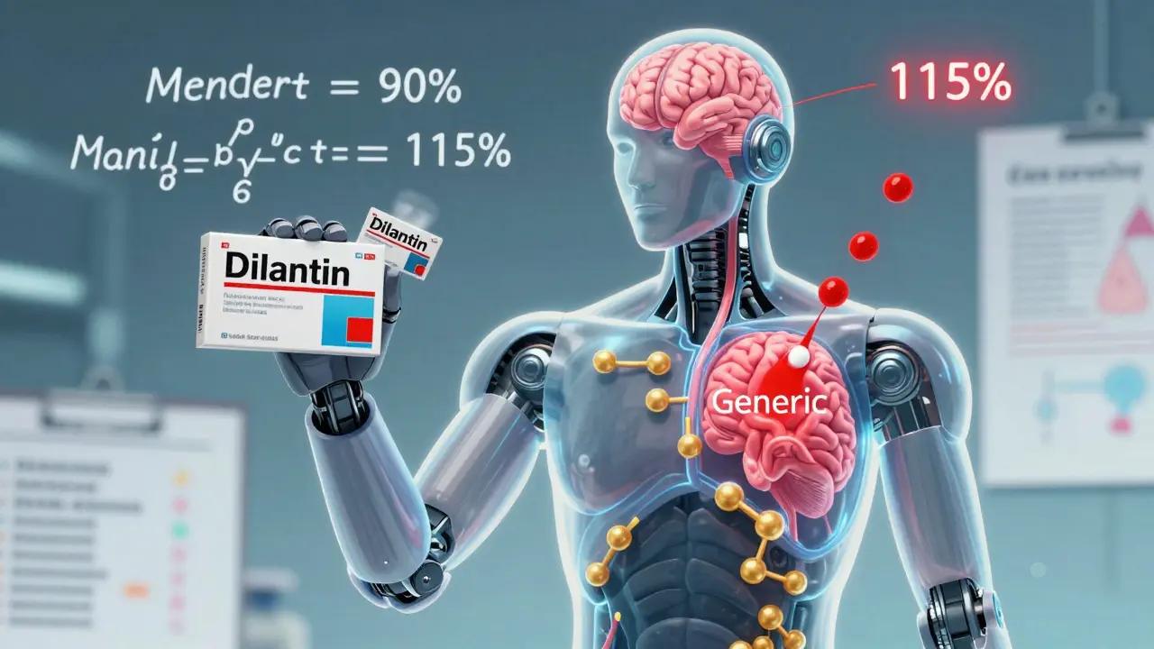Transparent human torso showing differing phenytoin protein binding from brand vs. generic pills, with free drug spilling into the brain.
