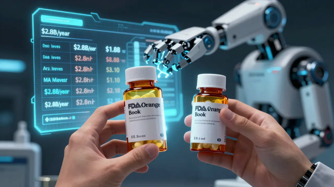 Two pill bottles side by side with a glowing FDA Orange Book overlay, robotic system logging the substitution.