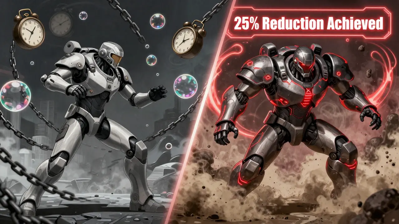 Two soldiers in robotic suits battling OCD obsessions — one sleek and calm, the other powerful but burdened by side effects.