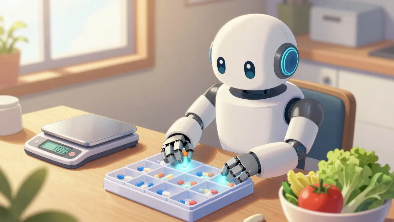 A friendly humanoid robot organizing power cells next to a digital scale and healthy food.