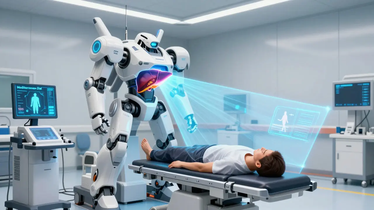 A high-tech medical scanner analyzing a liver to track recovery and metabolic health.