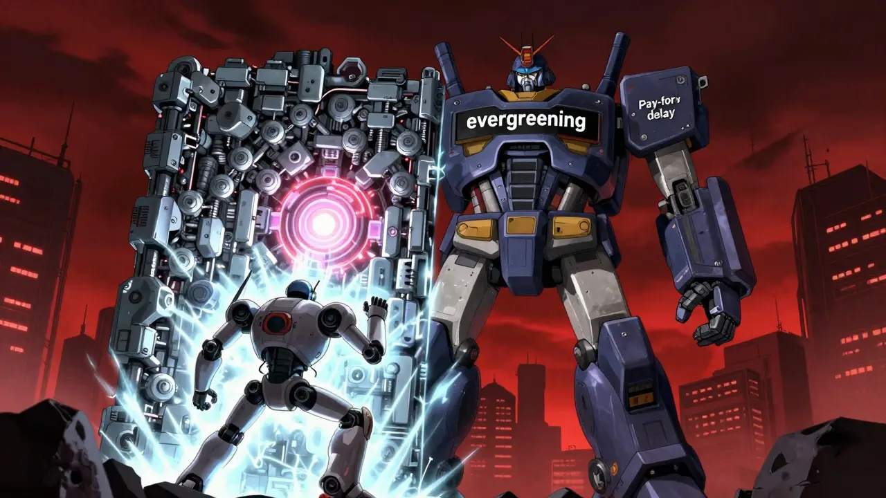 A massive robot building a wall to block a smaller robot from accessing a glowing energy core.