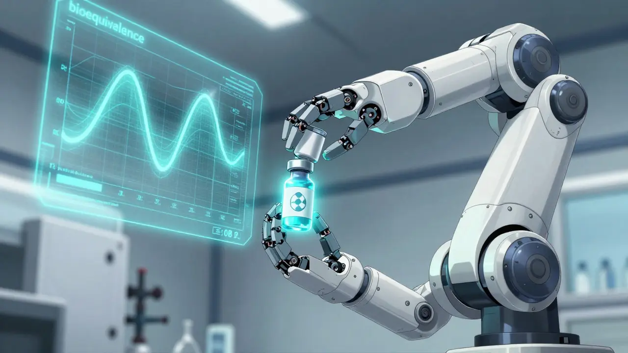 A robotic arm comparing a brand-name drug and a generic version in a high-tech lab.