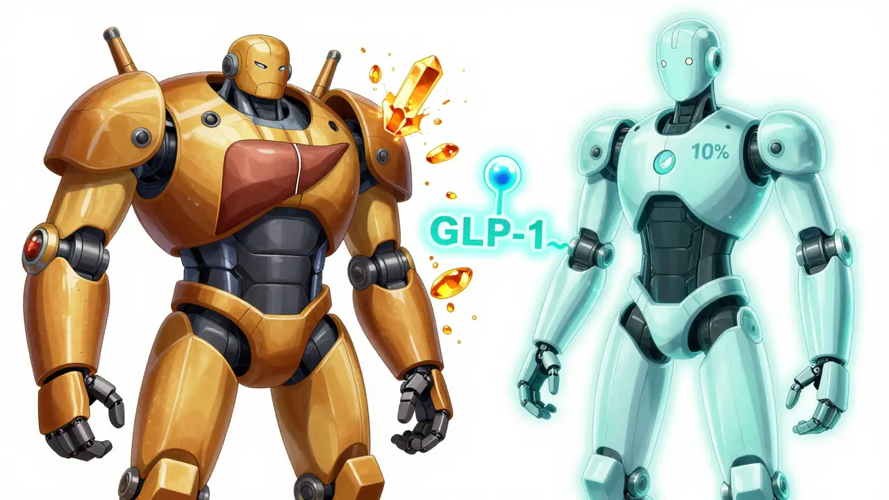 A split-screen showing a bulky robot transforming into a sleek, healthy version via GLP-1 catalyst.