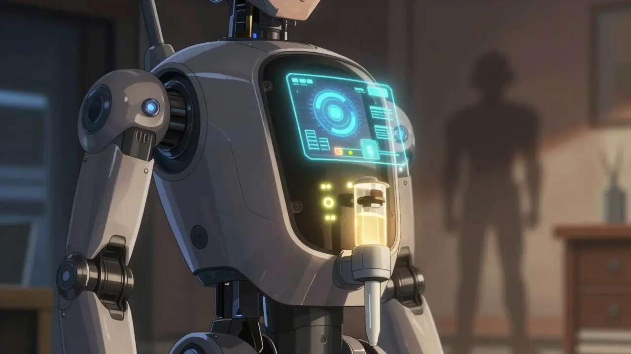 Advanced electronic medication dispenser with glowing alerts and holographic screen.