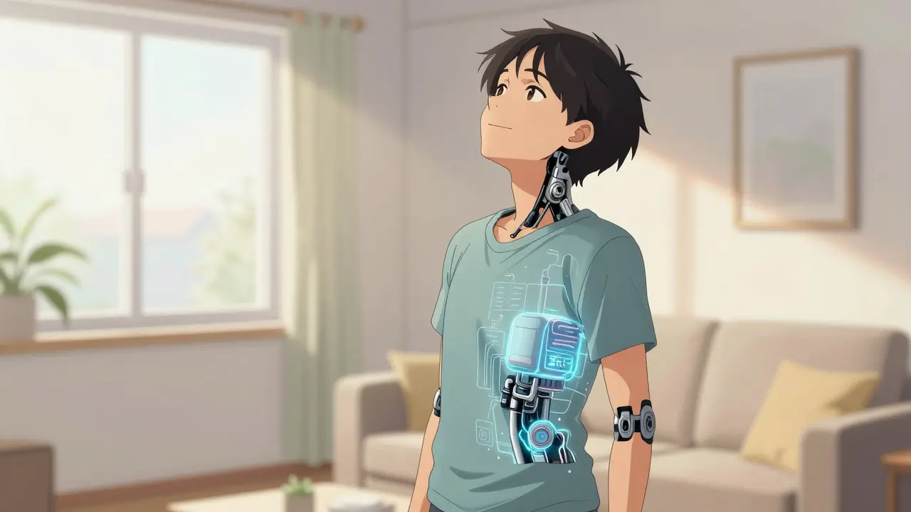 Anime character with a glowing spinal implant overlay, looking happy and relieved.