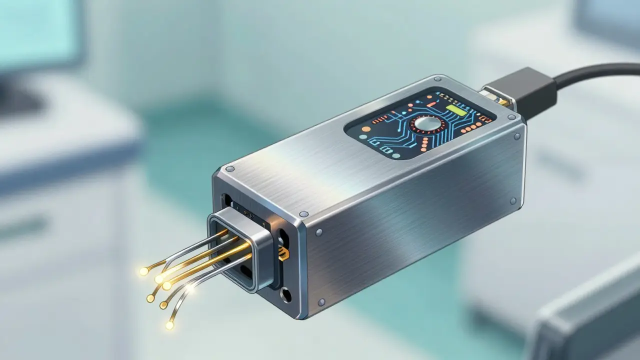 Detailed robotic anime illustration of an implantable pulse generator with gold leads.