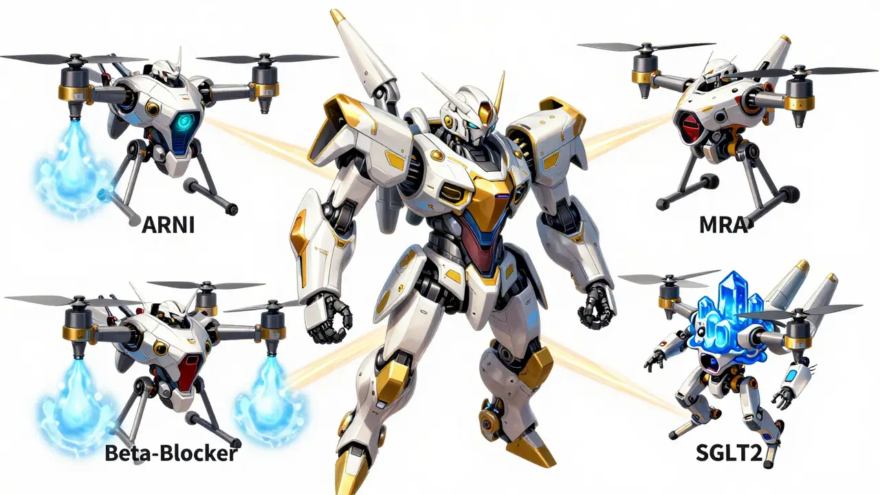 Four specialized medical robot drones repairing and supporting a central mechanical heart.
