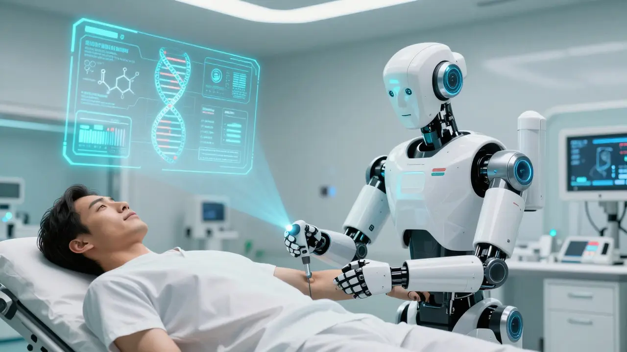 Futuristic robot performing a medical scan for personalized healthcare in anime style