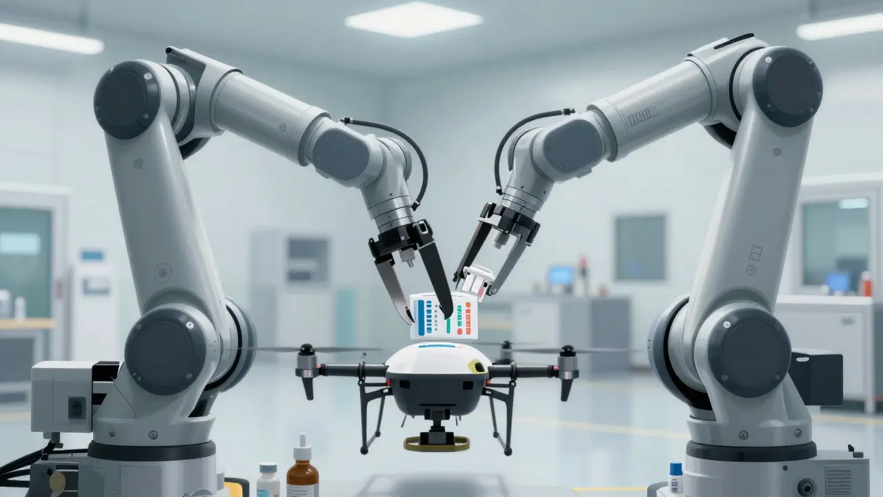 Industrial robot arm loading medication into a delivery drone