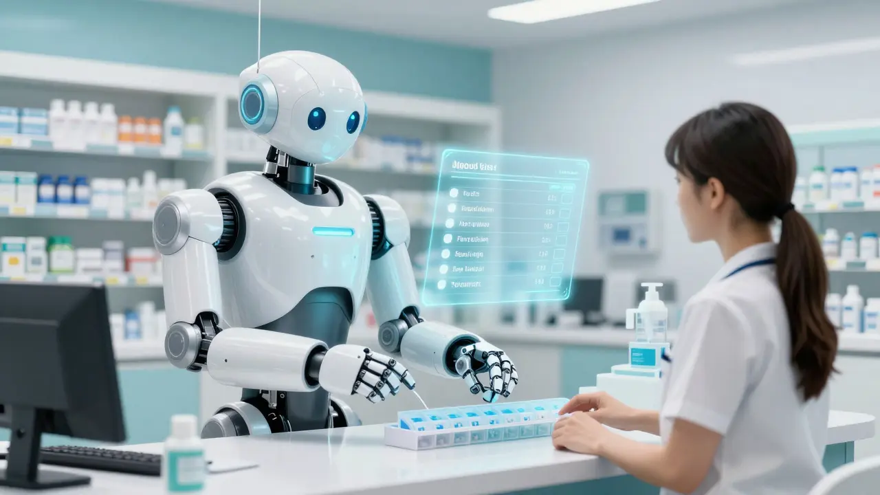 Medical robot assisting a person by filling a pill organizer with a holographic checklist.