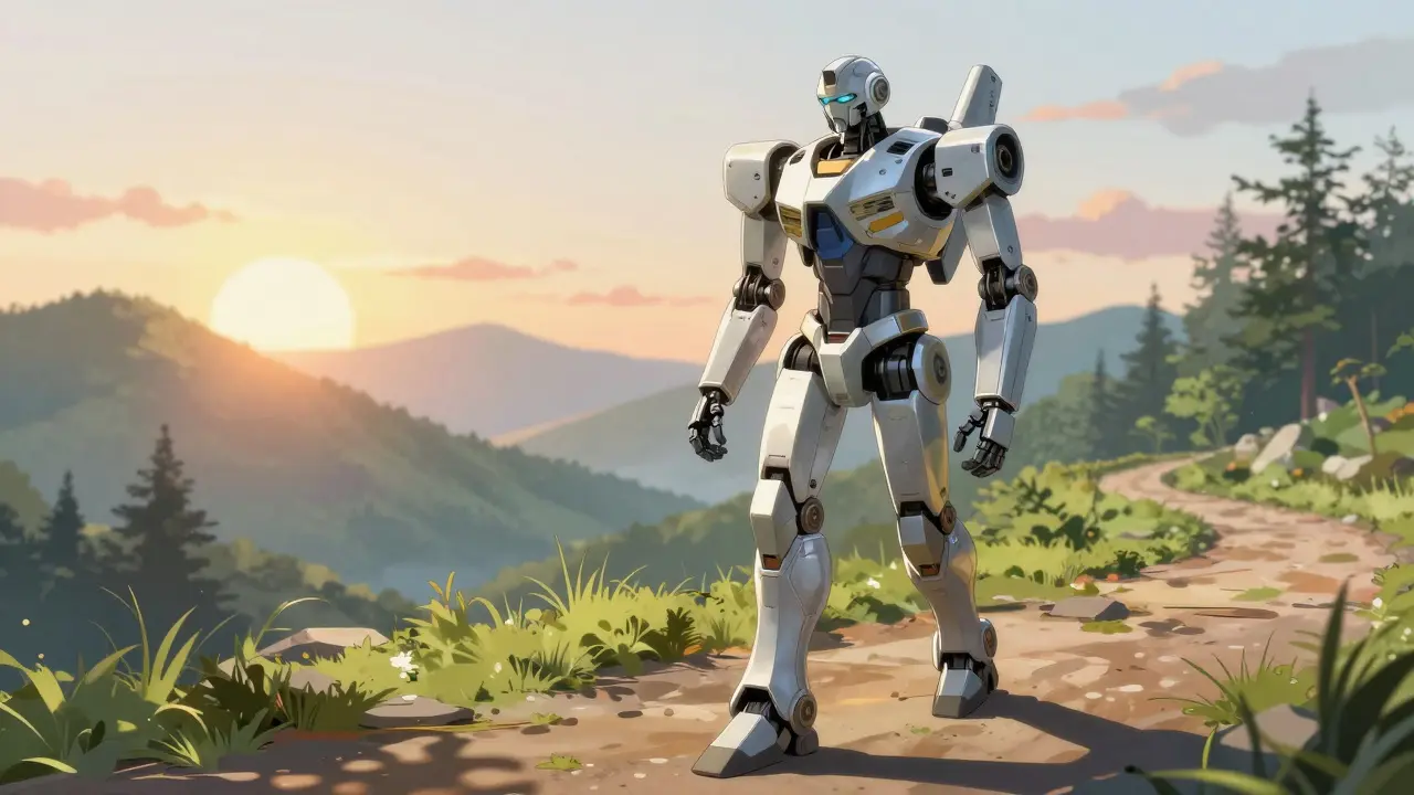 Repaired robot walking on mountain path at sunrise