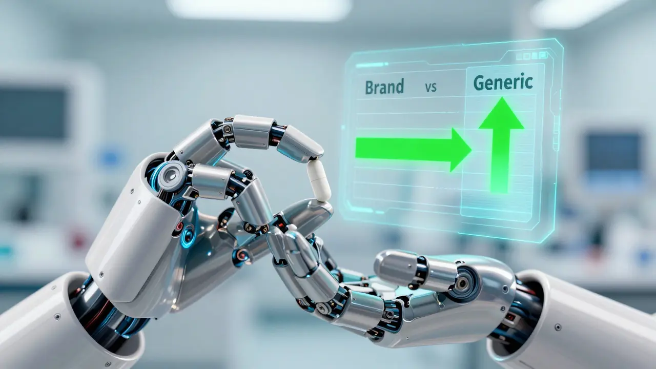 Robotic hand holding a thyroid pill next to a holographic price comparison screen