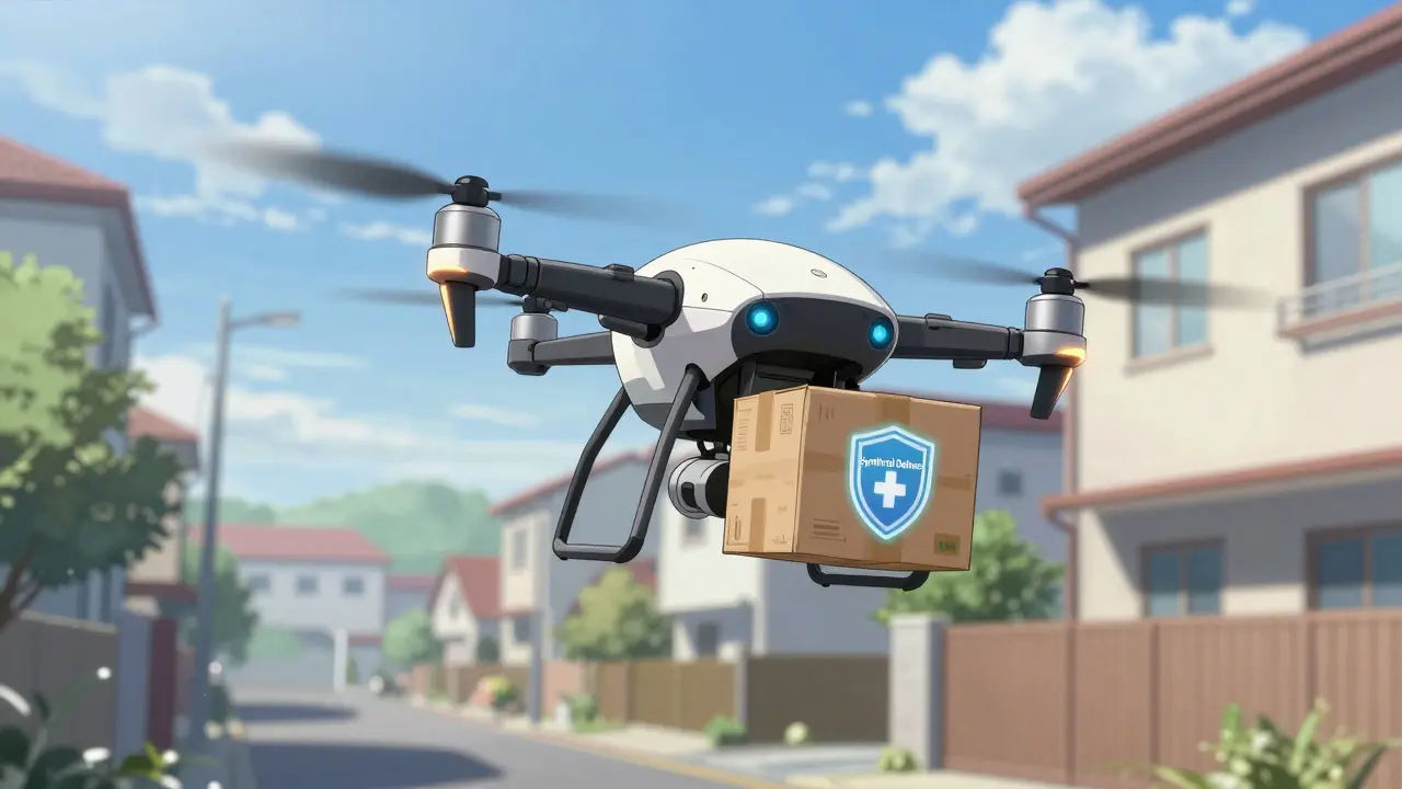 Sleek medical delivery drone transporting a prescription package through a neighborhood