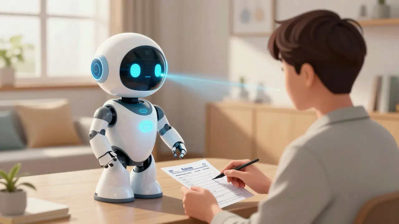 Small floating robot scanning a medical prescription at home